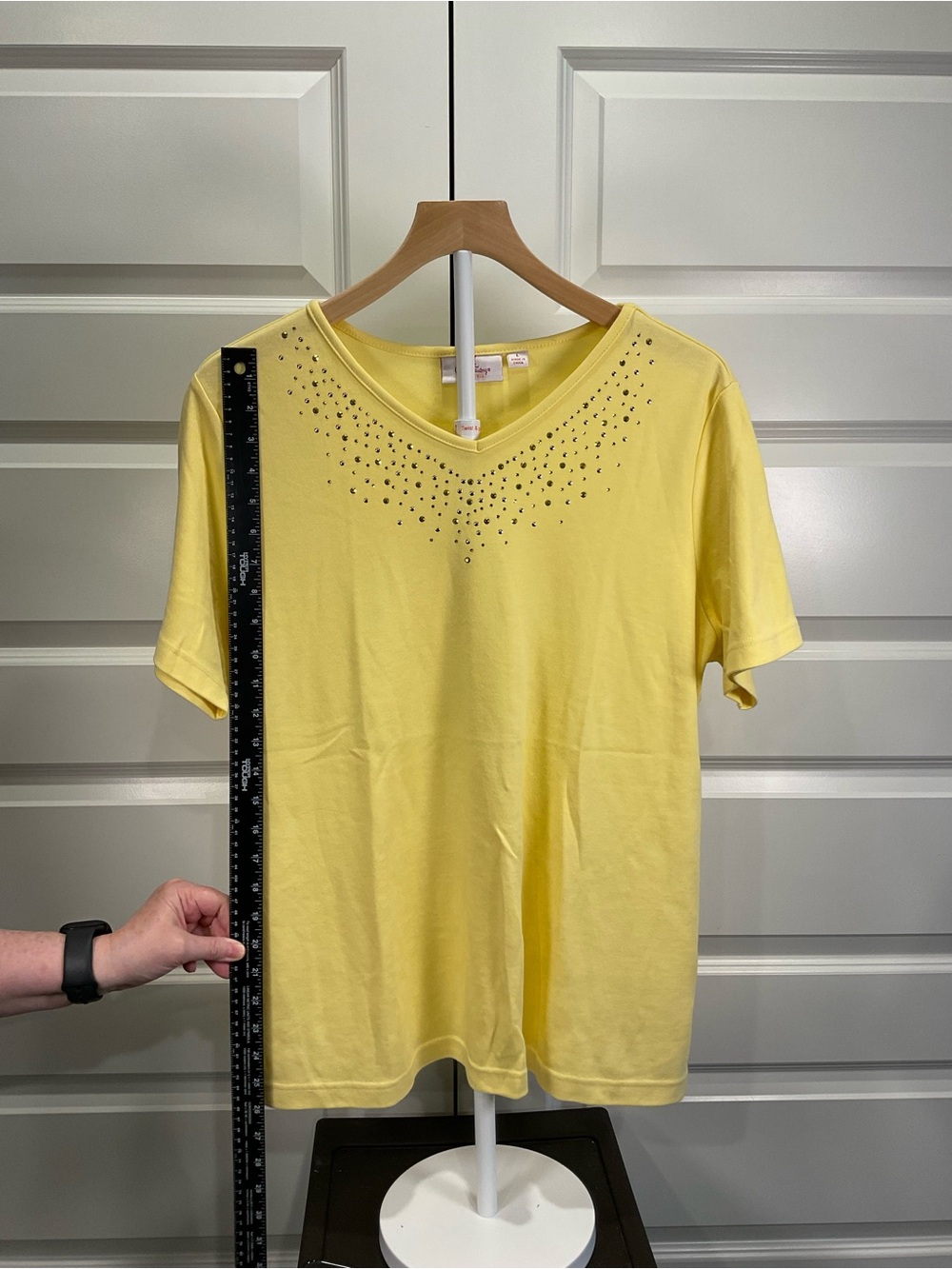 Quacker Factory Yellow V-Neck Short Sleeve Tee with Rhinestone Detail